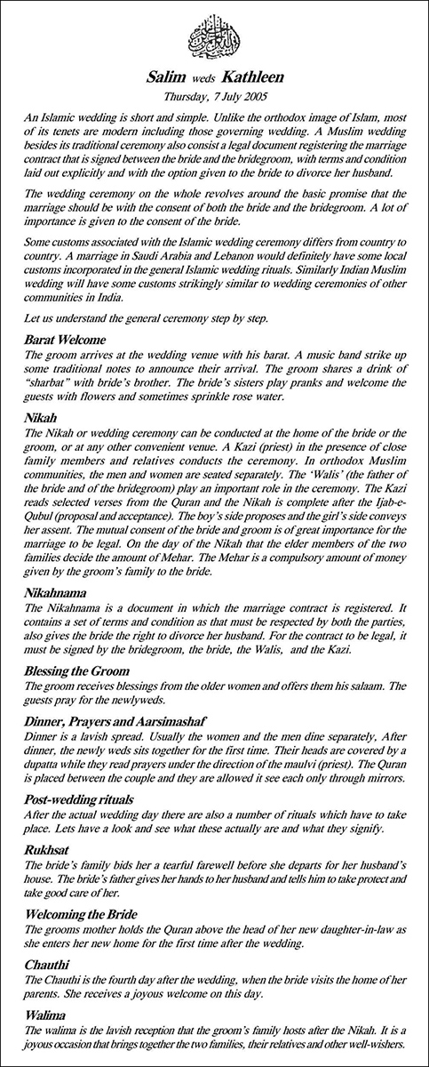Muslim wedding ceremony programme wording - Parekh Cards